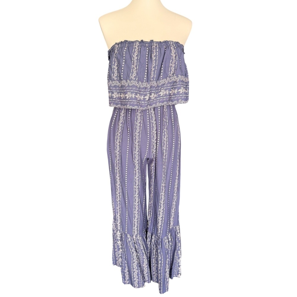 Japna Womens‎ Strapless Ruffle Jumpsuit Blue Floral Stripe Boho Wide Leg XS